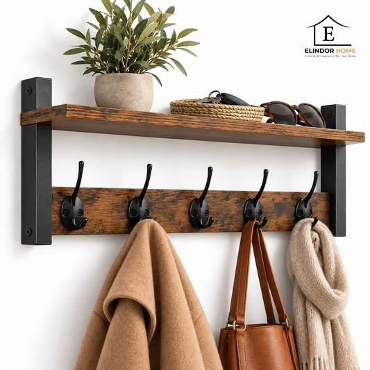Raft Suspendat Elindor®, Cuier pe 2 Niveluri, cu 5 Carlige Duble, Mobila Hol, Birou, Etajera Practica cu Design Aerisit, Usor de Asamblat, Perfecta pentru Organizare, Polita Produse Diverse, 61 x 11.5 x 18.5 cm, Maro Rustic-Negru