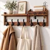 Set 2 Cuiere Suspendate Elindor®, Raft pe 2 Niveluri, cu 11 Carlige Duble, Mobila Hol, Birou, Etajera Practica cu Design Aerisit, Usor de Asamblat, Perfecta pentru Organizare, Polita Produse Diverse, 67 x 11 x 23 cm, Maro Rustic
