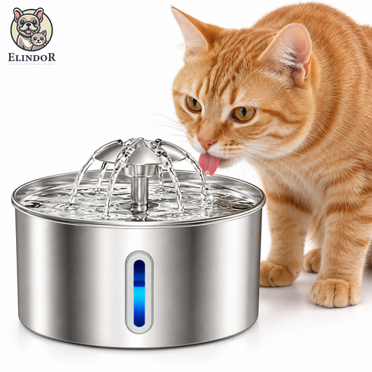 Fantana Apa Pisici si Caini Elindor®, Dispenser Automat cu Capac pentru Animale, Adapator Silentios 30dB, Sistem de Purificare si Filtrare Multipla, Flux Triplu, Adaptor Priza, Filtru si Pompa Incluse, Capacitate 2.2L, Inox Argintiu