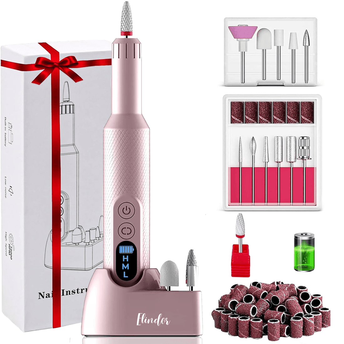 Freză unghii profesională wireless, 18.000 RPM, 12 capete, 36 benzi de șlefuire, roz