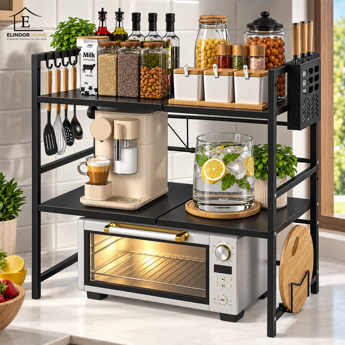 Raft Extensibil Elindor® pe 2 Niveluri, din Otel Carbon, pentru Bucatarie, Organizator Metalic Reglabil, Ideal ca Etajera Depozitare in Camara, Perfect pentru Condimente, Polita Vesela, Farfurii, 40-64 x 36 x 79 cm, Negru