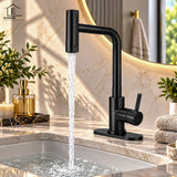 Baterie Chiuveta Baie Neagra Elindor® Robinet de Apa, Modern cu Pipa Extractibila, 4 Tipuri de Jet: Cascada, Delicat, Jet Puternic si Dus, Monocomanda, Rotativ 360°, pentru Bucatarie, Otel Inoxidabil SUS304, Finisaj Mat