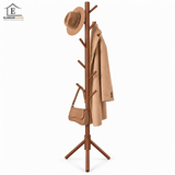 Cuier Tip Pom Elindor® de Podea cu 8 Carlige si Inaltime Reglabila, Lemn Pin, pentru Hol, Dormitor sau Birou, 175 × 45 cm, Maro