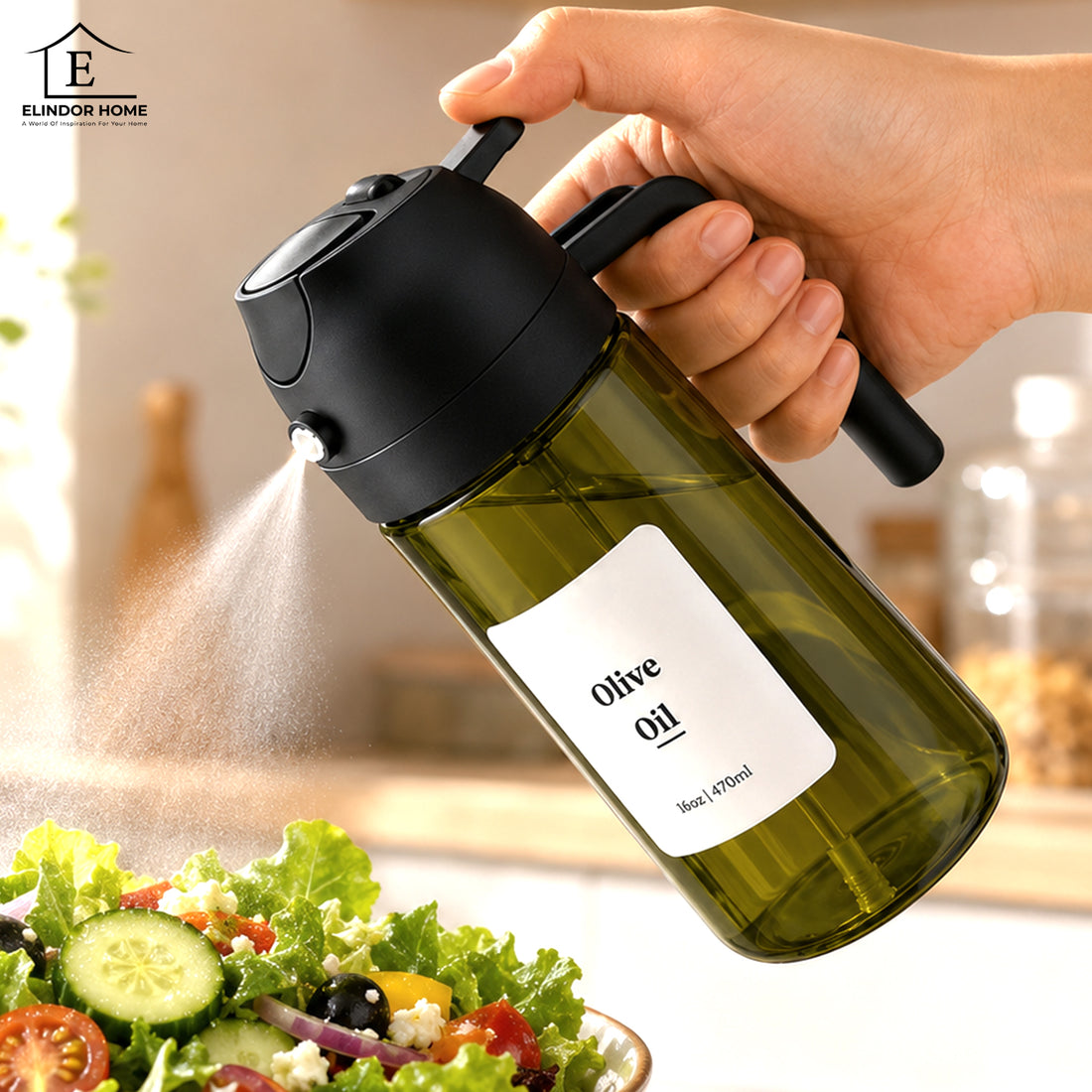 Pulverizator Ulei 2 în 1 Elindor®, Oliviera 470 ml, Sticla Dozatoare Multifunctionala, Control Precis, pentru Gatit, Friteuza cu Aer, Salate, Material Sticla si PVC, 18.1 x 7.7 cm, Negru
