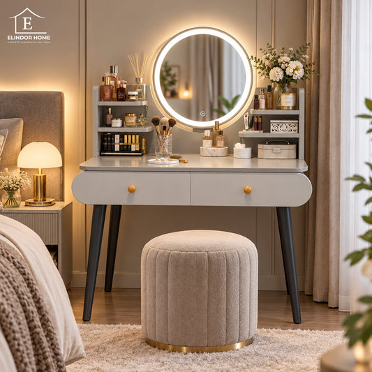 Masa de Toaleta Elindor®, cu Oglinda LED Rotunda, 3 Nuante de Lumina, Luminozitate Reglabila, Control Tactil, 2 Sertare, Rafturi Laterale, 120 x 40 x 80 cm, Gri