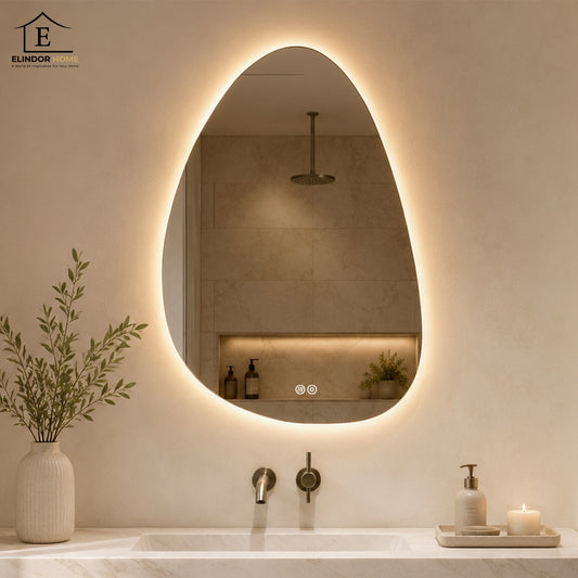 Oglinda de Perete Elindor® Asimetrica, fara Rama, Decorativa, Verticala / Orizontala, Eleganta, Ideala pentru Baie, Birou, Hol, Living, Dressing, Iluminare Led, Intensitate Ajustabila, Antiaburire, 80 x 55 cm