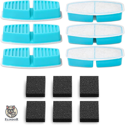 Set 6 Filtre de Rezerva + 6 Filtre de Burete pentru Dispenser de Apa Elindor, Tip Adapator Fantana pentru Pisici si Caini, Purificare, Carbon Activ, Rasina de Ioni, Elimina Eficient Impuritatile si Firele de Par, Cyan