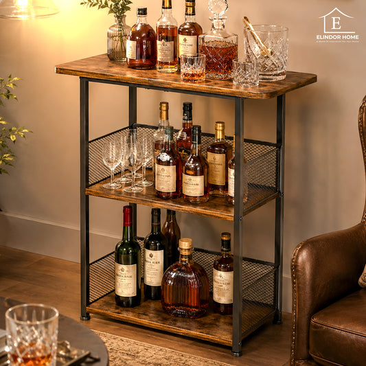 Mini Bar Elindor® Masa pe 3 Nivele, Ideal pentru Living, Birou, Dormitor, Mobila Multifunctionala, Moderna, cu Structura Metalica, Cos Depozitare, Ideala pentru Sticle si Pahare, 60 x 24 x 70.3 cm, Maro Rustic