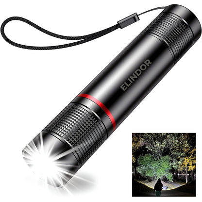 Lanterna LED MIni Neagra Elindor® Profesionala, Extra Luminoasa, 2000 Lumeni, cu Acumulator / Baterie Reincarcabila (USB C), Design Tactic Militar, 4 Moduri, Fascicul cu Zoom, Rezistent la Apa, Multifunctionala, pentru Pescuit, Plimbari, Drumetii,