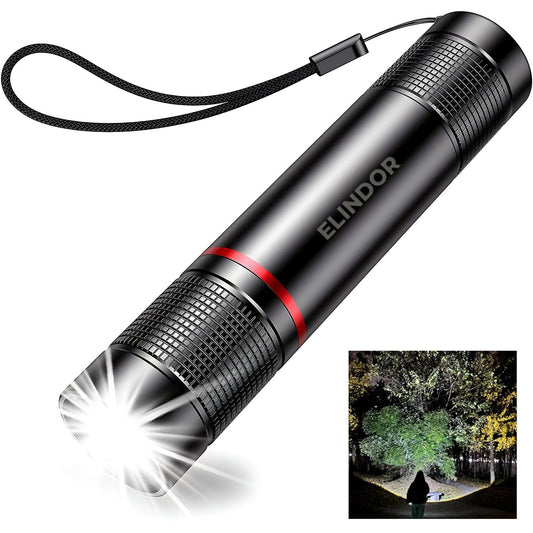 Lanterna LED MIni Neagra Elindor® Profesionala, Extra Luminoasa, 2000 Lumeni, cu Acumulator / Baterie Reincarcabila (USB C), Design Tactic Militar, 4 Moduri, Fascicul cu Zoom, Rezistent la Apa, Multifunctionala, pentru Pescuit, Plimbari, Drumetii,