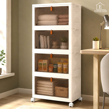 Organizator 4 Nivele Elindor® Carucior cu Roti, Modular, Ajustabil, Raft Mobil Organizare Baie, Camara, Birou, Bar, Dulap pentru Depozitare Legume, Fructe, Detergenti, Parfumuri, Haine, 4x Cutie Detasabila, 39 x 28 x 78.5 cm, Alb