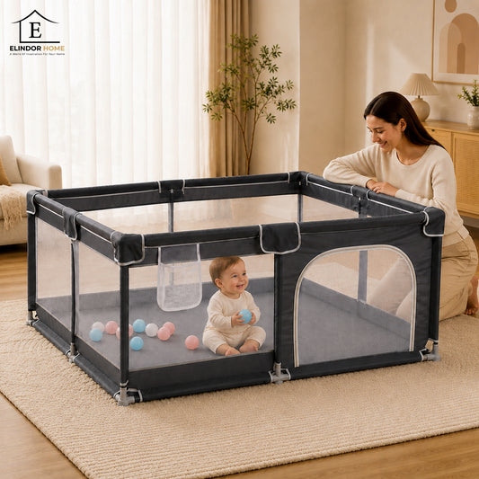 Tarc de Joaca pentru Bebelusi si Copii Elindor® cu Husa Groasa din Spuma, Spatiul Sigur de Joaca, Plasa de Protectie, Include Usa cu Fermoar, Materiale Eco-Friendly și Non-Toxice, Varsta 0-5 ani, 150 x 150 x 65 cm, Gri Inchis