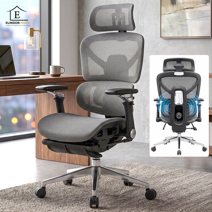 Scaun de Birou Elindor® Ergonomic, cu Functie de Masaj, Scaun cu Spatar si Manere, din Plasa, Suport pentru Picioare si Lombar, cu Roti, Inaltime Reglabila 115 - 125 cm, Negru