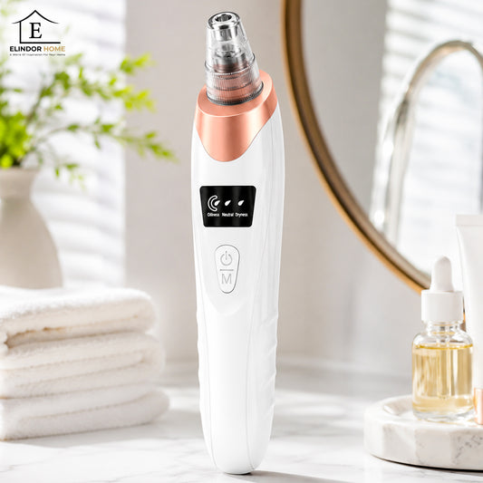 Aspirator Puncte Negre Elindor® 3 Trepte de Aspirare si Extractie pentru Fata, 5 Capete de Schimb, Tehnologie Vacuum pentru Ingrijire Ten, Extractor Sebum si Cosuri, Aparat Reincarcabil USB pentru Ingrijirea Tenului, Baterie 450mAh, Alb