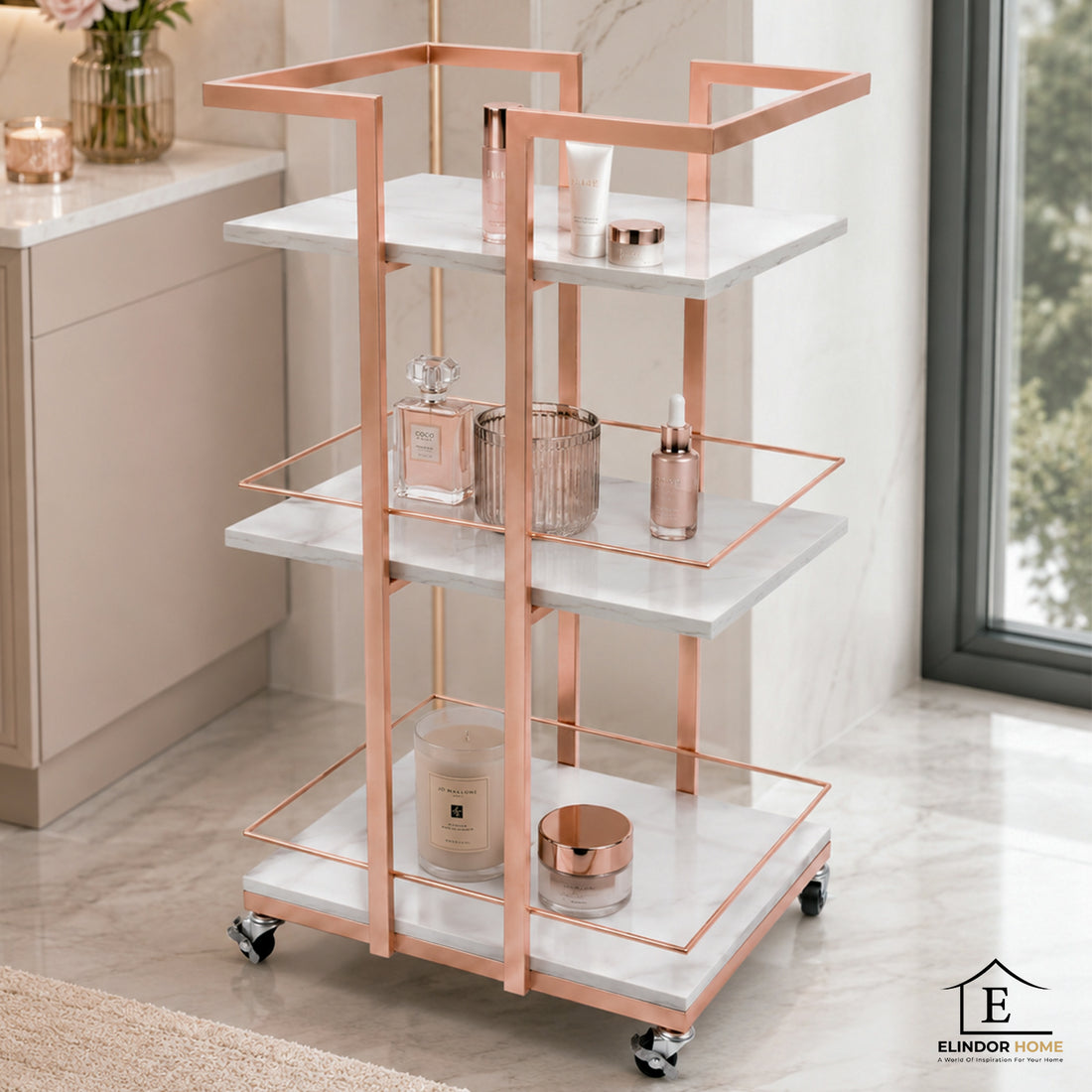 Carucior Organizator 3 Niveluri Elindor® , cu Roti 360°, Organizator Baie, Multifunctional, Raft Mobil Organizare Salon, Bucatarie, Camara, Birou, Bar, 76 x 33 x 43 cm, Rose Gold