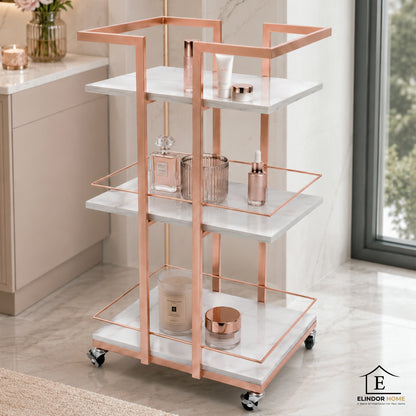 Carucior Organizator 3 Niveluri Elindor® , cu Roti 360°, Organizator Baie, Multifunctional, Raft Mobil Organizare Salon, Bucatarie, Camara, Birou, Bar, 76 x 33 x 43 cm, Rose Gold