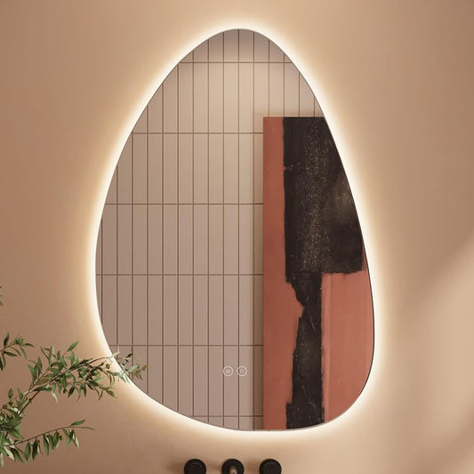 Oglinda de Perete Elindor® Asimetrica, fara Rama, Decorativa, Verticala / Orizontala, Eleganta, Ideala pentru Baie, Birou, Hol, Living, Dressing, Iluminare Led, Intensitate Ajustabila, Antiaburire, Temperatura de Culoare 4500K, 80 x 55 cm