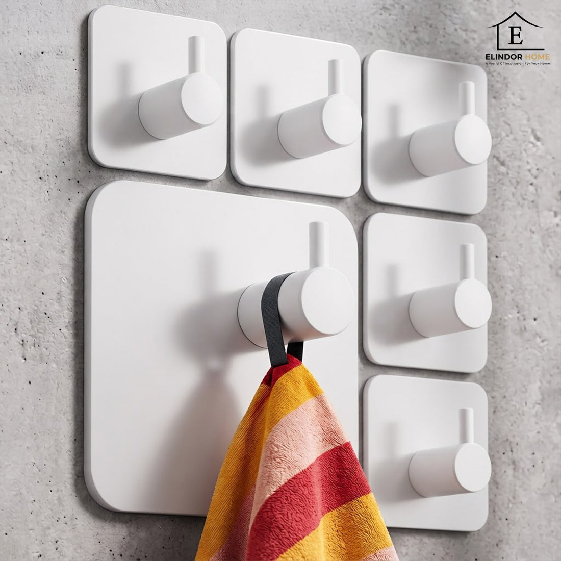 Set 6 Carlige Adezive Elindor® din Otel Inoxidabil, Montare Fara Gaurire, Greutate Mxima Suportata 10 kg, Design patrat si Colturi Rotunjite, Instalare Usoara, Ideal pentru Baie, Bucatarie sau Birou, 4.5 x 4.5 cm, Alb