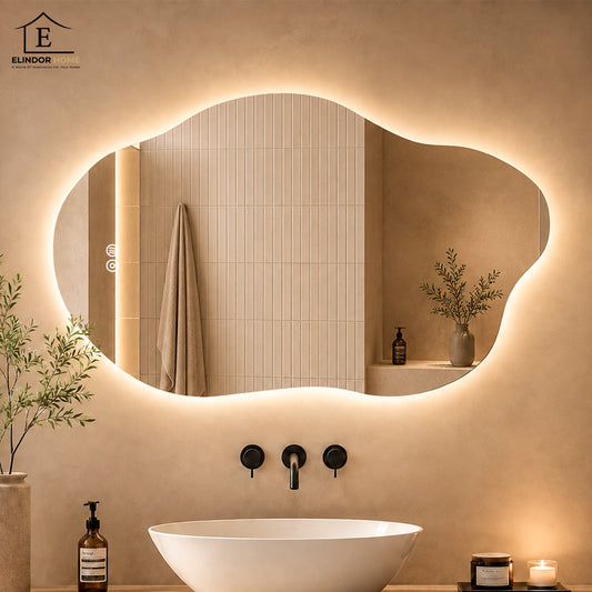 Oglinda de Perete Elindor® Asimetrica, fara Rama, Decorativa, Verticala / Orizontala, Eleganta, Ideala pentru Baie, Birou, Hol, Living, Dressing, Iluminare Led, Intensitate Ajustabila, Antiaburire, 85 x 52 cm