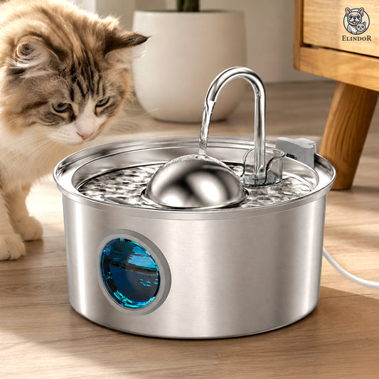 Fantana Apa Pisici si Caini Elindor®, Dispenser Automat cu Capac pentru Animale, Silentios 30dB, Adapator cu Dubla Circulatie, Sistem de Purificare si Filtrare Multiplu, Adaptor Priza, Filtru si Pompa Incluse, Inox 304, 2.6L, 23 x 23 x 11.9 cm, Argintiu