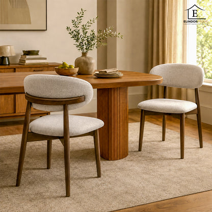 Set 2 Scaune Elindor® Ergonomice, Design Contemporan, Scaun cu Spatar si fara Manere, din Bumbac si In cu Picioare Maro Inchis, Potrivite pentru Living, Bucatarie, Birou, Dormitor, Alb / Gri