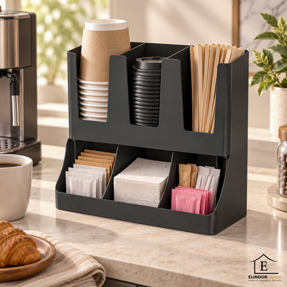 Organizator Multifunctional Elindor® pentru Bucatarie, Cafea si Birou, 6 Compartimente, Suport pentru Pahare, Capace, Pliculete si Accesorii, Design Compact, Ideal pentru Cafenele, Localuri, Acasa, ABS, 29.8 x 13.8 x 29.2 cm, Negru