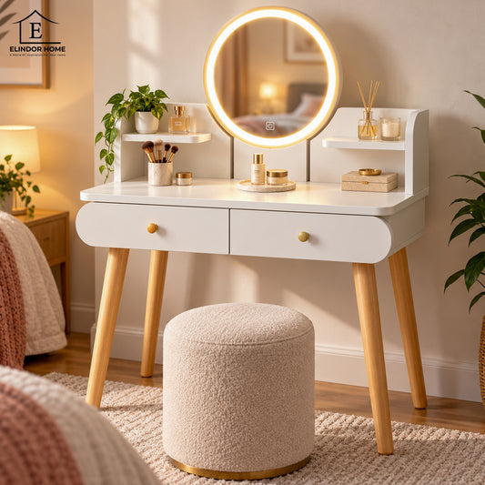 Masa de Toaleta Elindor®, cu Oglinda LED Rotunda, 3 Nuante de Lumina, Luminozitate Reglabila, Control Tactil, 2 Sertare, Rafturi Laterale, 120 x 40 x 80 cm, Bej
