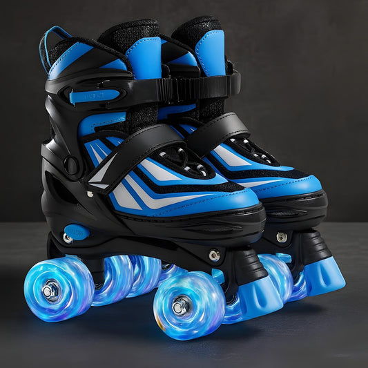 Role Reglabile Elindor® pentru Copii, Fete si Baieti, 4 Roti cu Lumini Quad, Rotile Ajutatoare, Rulmenti ABEC-7, Aluminiu / Poliuretan, Marimea S, 27-30, Model Uni, Negru / Albastru