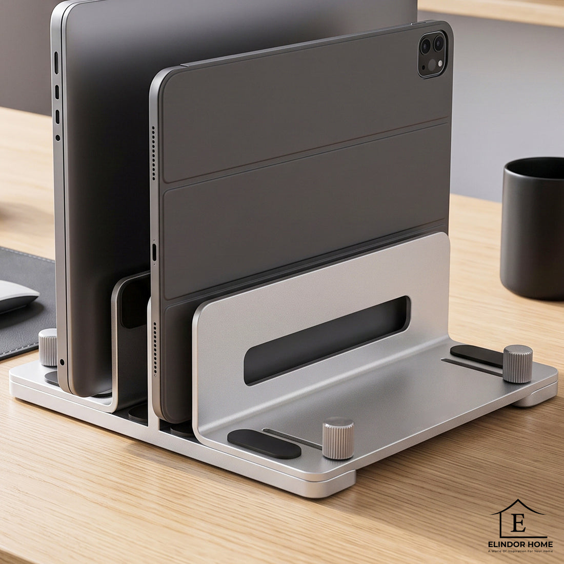 Suport Vertical Elindor® pentru Laptop, Tableta, Notebook si Carti, cu 3 Sloturi, Reglabil, Stand Universal, Compatibil Pana la 17.3 Inch, Ideal pentru Birou, Acasa, 14.5 x 14.2 x 4.6 cm, Argintiu