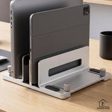 Suport Vertical Elindor® pentru Laptop, Tableta, Notebook si Carti, cu 3 Sloturi, Reglabil, Stand Universal, Compatibil Pana la 17.3 Inch, Ideal pentru Birou, Acasa, 14.5 x 14.2 x 4.6 cm, Argintiu