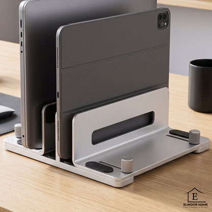 Suport Vertical Elindor® pentru Laptop, Tableta, Notebook si Carti, cu 3 Sloturi, Reglabil, Stand Universal, Compatibil Pana la 17.3 Inch, Ideal pentru Birou, Acasa, 14.5 x 14.2 x 4.6 cm, Argintiu
