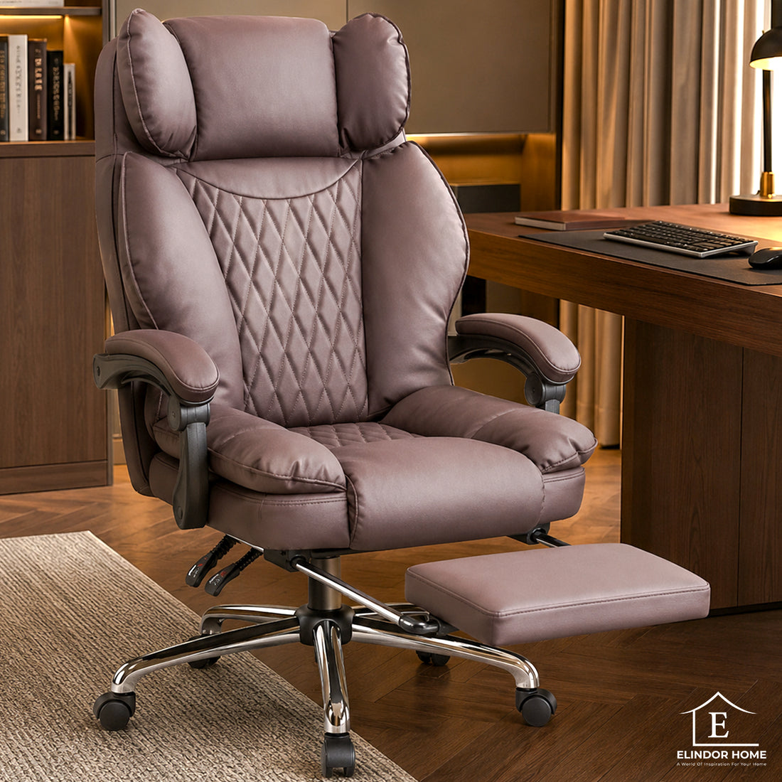 Scaun de Birou Elindor® Ergonomic, Design Contemporan, Scaun cu Spatar si Manere, din Piele PU cu Suport pentru Picioare si Lombar, cu Roti, Inaltime Reglabila 119 - 126.5 cm, Maro Inchis