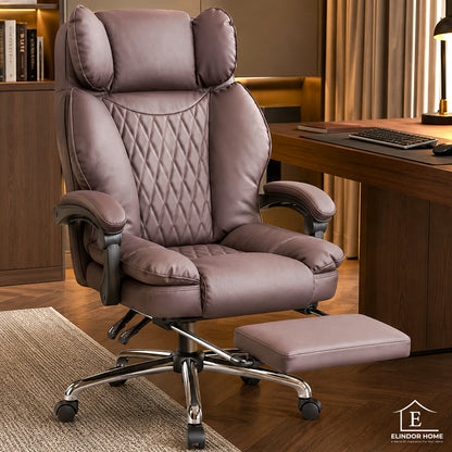 Scaun de Birou Elindor® Ergonomic, Design Contemporan, Scaun cu Spatar si Manere, din Piele PU cu Suport pentru Picioare si Lombar, cu Roti, Inaltime Reglabila 119 - 126.5 cm, Maro Inchis