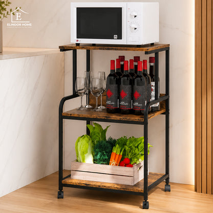 Carucior Organizator 3 Niveluri Elindor® , cu Roti 360°, Organizator Bucatarie, Multifunctional, Raft Mobil Organizare Baie, Camara, Birou, Bar, 80 x 55 x 40 cm, Negru / Maro