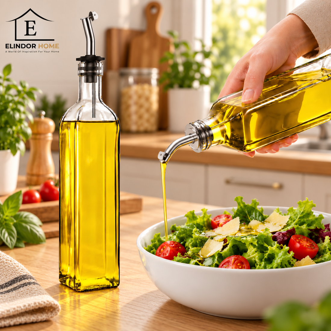 Set 2 Sticle pentru Ulei si Otet Elindor® 500ml, Oliviera Dozatoare Multifunctionala, Control Precis, pentru Gatit, Friteuza cu Aer, Salate, Material Sticla si Inox, Design Dual pentru Ulei si Otet, Transparent
