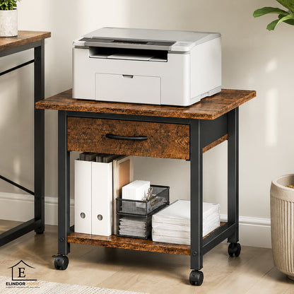 Carucior Organizator 2 Niveluri Elindor® , cu Roti 360°, cu Sertar, Organizator Bucatarie, Raft Mobil Organizare Baie, Camara, Birou, Bar, 55.9 x 38.1 x 40.6 cm, Negru / Maro