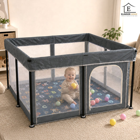 Tarc de Joaca pentru Bebelusi si Copii Elindor® cu Husa Groasa din Spuma, Spatiul Sigur de Joaca, Plasa de Protectie, Include Usa cu Fermoar, Materiale Eco-Friendly și Non-Toxice, Varsta 0-5 ani, 127 x 127 x 65 cm, Gri
