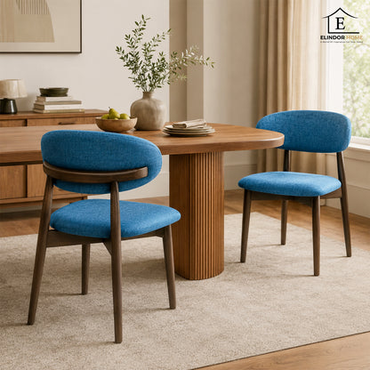 Set 2 Scaune Elindor® Ergonomice, Design Contemporan, Scaun cu Spatar si fara Manere, din Bumbac si In cu Picioare Maro Inchis, Potrivite pentru Living, Bucatarie, Birou, Dormitor, Albastru Inchis