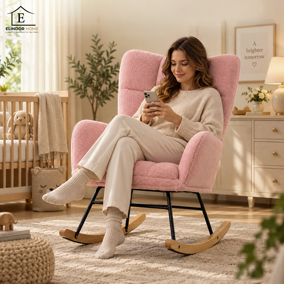 Fotoliu Balansoar Elindor® cu Spatar, Ergonomic, Cadru Solid din Otel, Ideal pentru Living, Dormitor, Camera Copilului, 68 x 88 x 93 cm, Roz