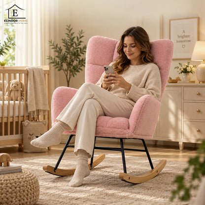Fotoliu Balansoar Elindor® cu Spatar, Ergonomic, Cadru Solid din Otel, Ideal pentru Living, Dormitor, Camera Copilului, 68 x 88 x 93 cm, Roz