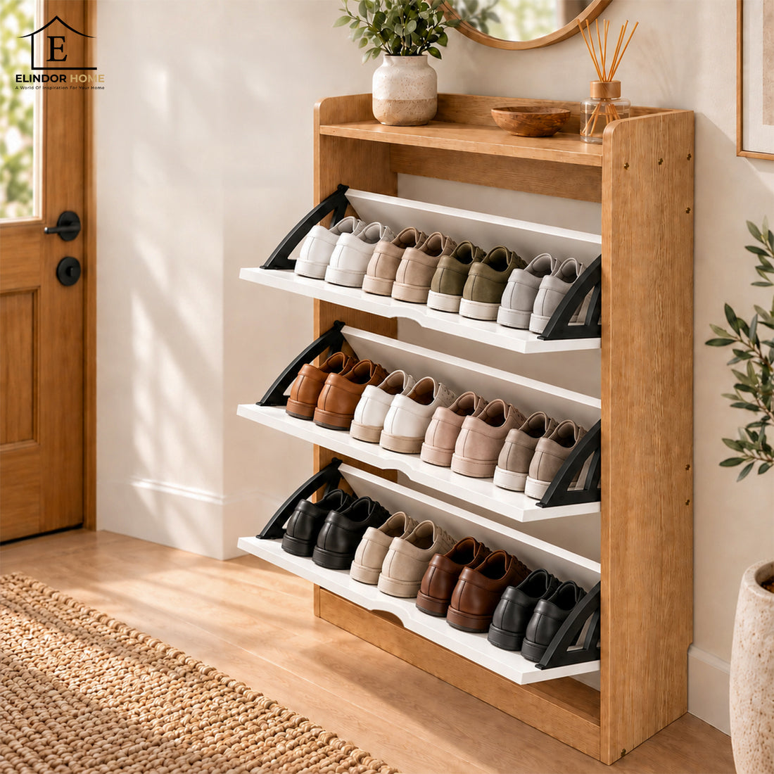 Dulap pentru Pantofi Elindor® Organizator Tip Pantofar cu 4 Niveluri, Fara Gauri, Suport pentru Papuci, Dulap Hol, Living, Dormitor, Economisire Spatiu, Depozitare Incaltaminte, 120 x 100 x 17 cm, Alb / Bej