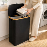 Cos de Rufe Elindor® Pliabil si Impermeabil, Lavabil, Cadru din Bambus, cu Capac si Sac de Haine Murdare Detasabil, Recipient Sortare Dreptunghiular de 100 L, Ideal pentru Baie Casa sau Hotel, 74 x 41 x 33 cm, Material Textil, Negru
