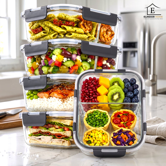 Set 5 Caserole Elindor® din Sticla, 2 Compartimente, Recipiente Ingrediente pentru Bucatarie, Ideale pentru Meal Prep sau pentru Alimente Uscate, Recipient pentru Depozitare, Capac Etans, Potrivit pentru Congelator, 950 ml