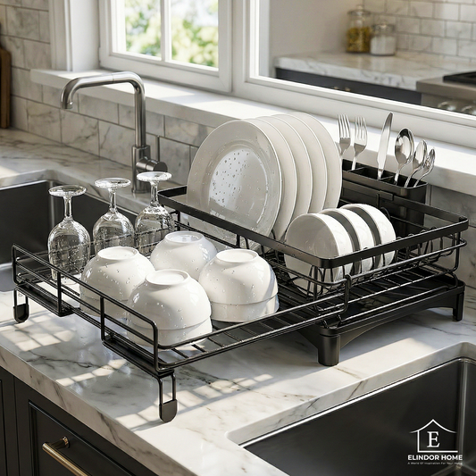 Scurgator Vase Elindor® Suport Chiuveta pentru Farfurii, Uscator Incorporabil, Ideal pentru Tacamuri, Vesela, Capace, Oale, Pahare, Tava din Plastic cu Scurgere Automata, Organizator Bucatarie Multifunctional, 54 × 42 × 15 cm, Negru