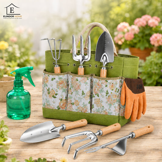 Set 8 Accesorii Elindor® pentru Gradinarit, Instrumente din Otel Inoxidabil, cu Maner Ergonomic din Lemn de Fag, Geanta de Gradina cu Maner si 5 Buzunare, Model Floral, Manusi Protectie, Grebla, Lopatica, Sticla Pulverizare, Cleste, Accesorii Plante