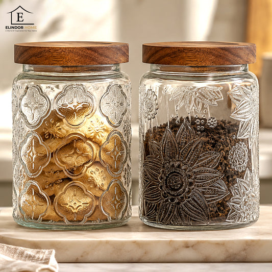 Set 2 Borcane din Sticla Elindor®  Capac Din Lemn, Design Vintage Sculptat, 700 ml, Recipiente Etanse pentru Depozitare, pentru Cafea, Zahar, Faina, Biscuiti si Organizare Bucatarie, 14 x 10 cm, Transparent