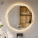 Oglinda de Perete Elindor® Rotunda, fara Rama, Antiaburire, Ideala in Baie, Iluminare Led, Buton ON/OFF Luminat, Rezistenta la Umiditate IP44, Model Halo, 60 x 60 cm, Transparent