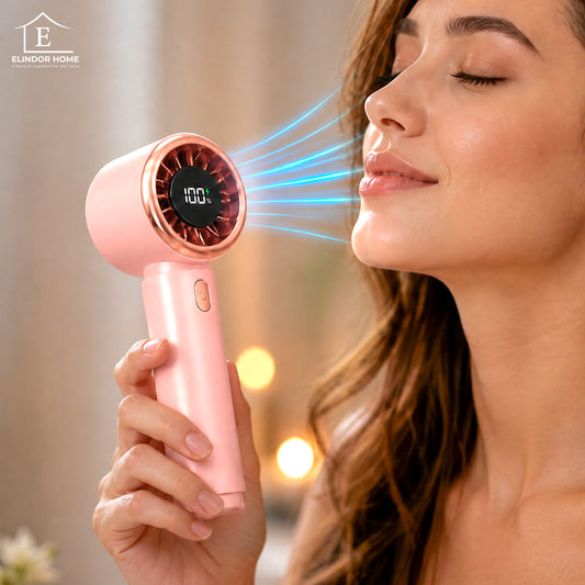 Ventilator Portabil Elindor® Mini Fan Turbo de Mana si Birou, 5 Trepte de Viteza, Acumulator Reincarcabil de 2000 mAh cu USB, Ecran LED, Maner Ergonomic, Ultra Usor, pentru Calatorii, Vara, 4.4 x 4.5 x 14 cm, Roz