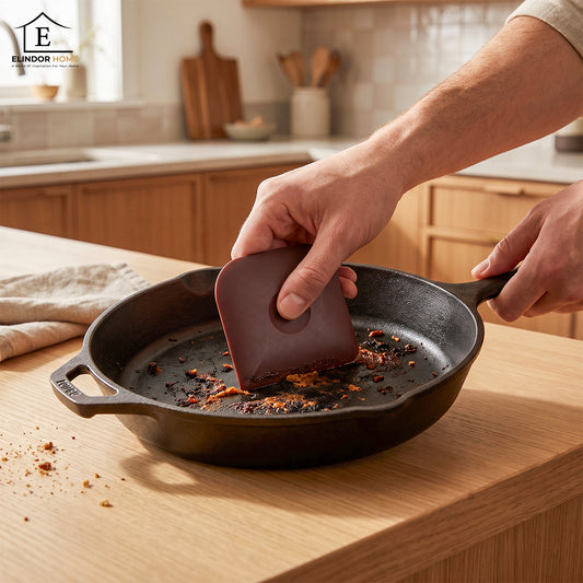 Set 5 Razuitoare pentru Tigai Elindor®, Raclete pentru Vase si Bucatarie, din ABS fara BPA, Rezistente la Caldura pana la 102°C, 4 Colturi, pentru Resturi Alimentare, Ideale si pentru Taiat Aluat, 6 x 6 cm, Maro