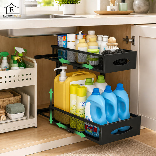 Organizator cu Sertare Glisante Elindor® pe 2 Nivele pentru Dulap, sub Chiuveta, Raft cu Sertar pentru Camara, Organizare Bucatarie, Baie si Birou, Sistem Glisant si Antialunecare, Accesorii Depozitare, Multifunctional, Organizatoare pentru Casa, Negru